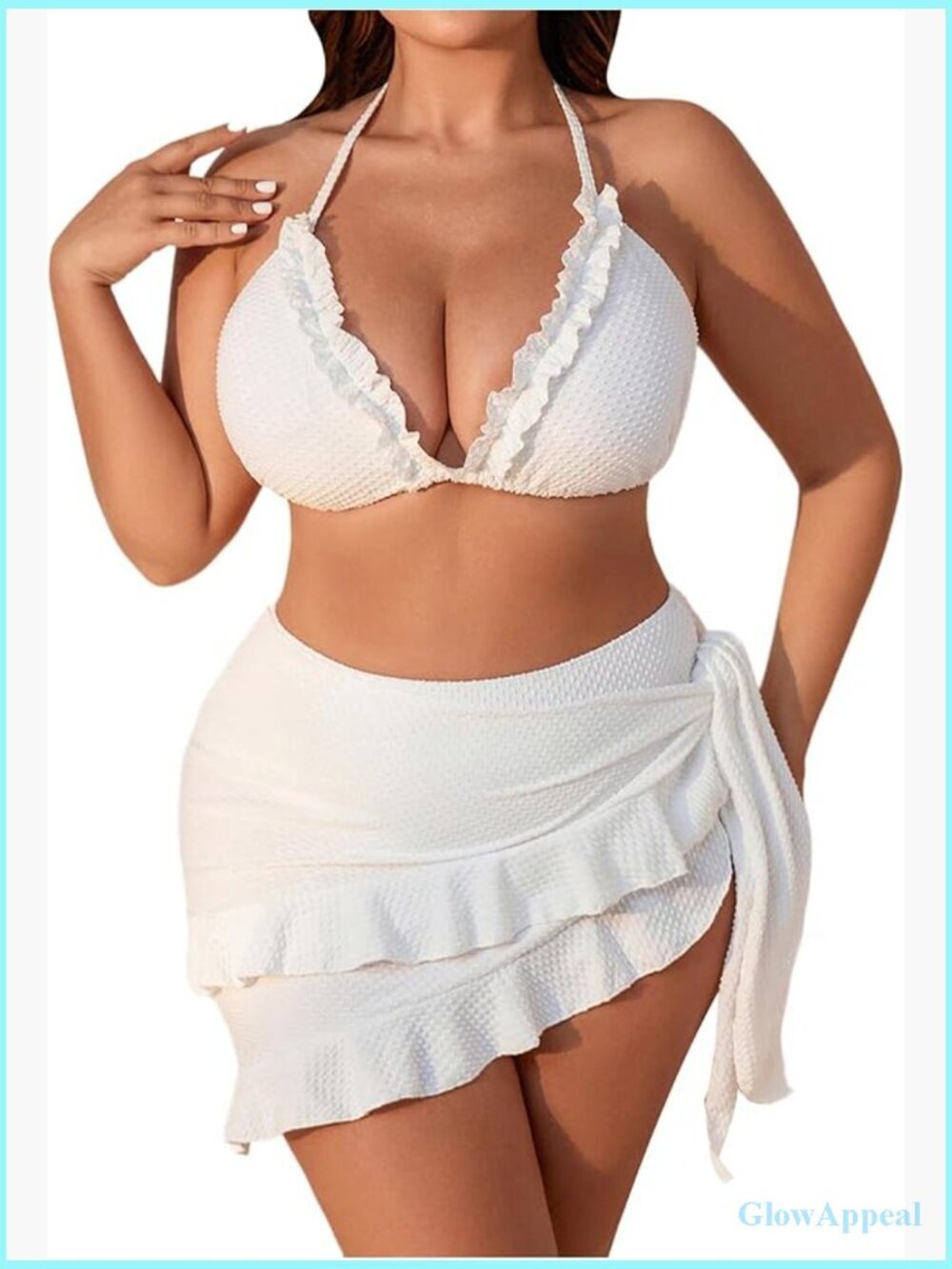 Plus Size 3 Piece Ruffle High Waisted Triangle Bikini Set with Cover Up Skirt